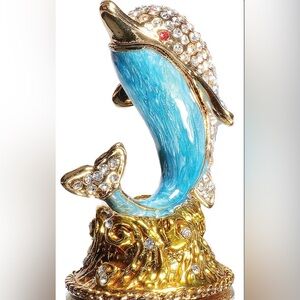 Gold and Blue Dolphin Figurine with faux Crystals